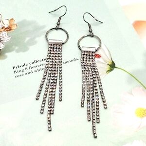 NWT Glamourous Crystal Hoop Five Row Slinky Tassel Silver Earrings